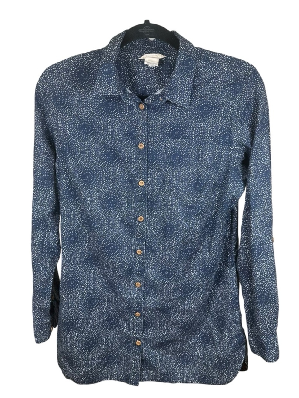 Duluth Trading Co Button Down Shirt Blue Print Hemp Cotton Relaxed M